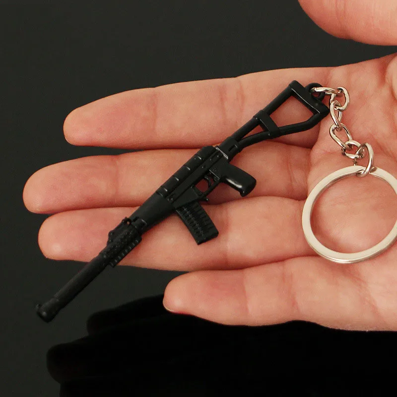 9CM Mini Gun Model Keychain AC-VAL Model Jewelry Weapon Metal Pendant Key Chain Bag Car Key Holders Gift For Kids Men