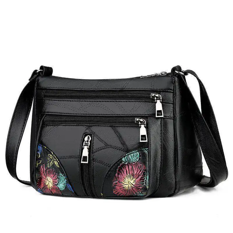 Damen Crossbody-Handtasche aus PU-Leder, große Kapazität, mit mehreren Fächern, schwarze geprägte Umhängetasche für Ausflüge und Partys – Detail 6