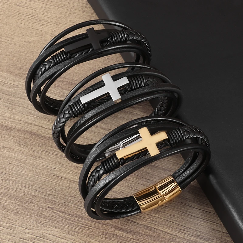 Classic Cross Leather Bracelet Hand Woven Multi Layer Wrap Bracelet with Magnetic Clasp Men's Christian Jewelry