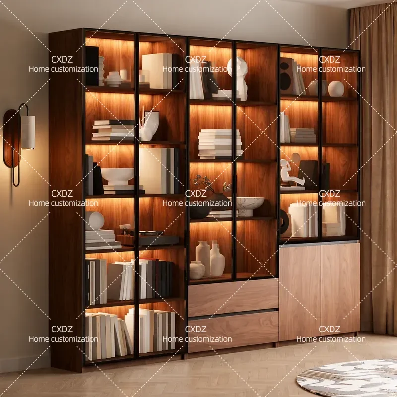 Solid Wood Walnut Bookcase with Glass Door Multi-functional Display Cabinet for Living Room Home Storage Wall Figure Showcase