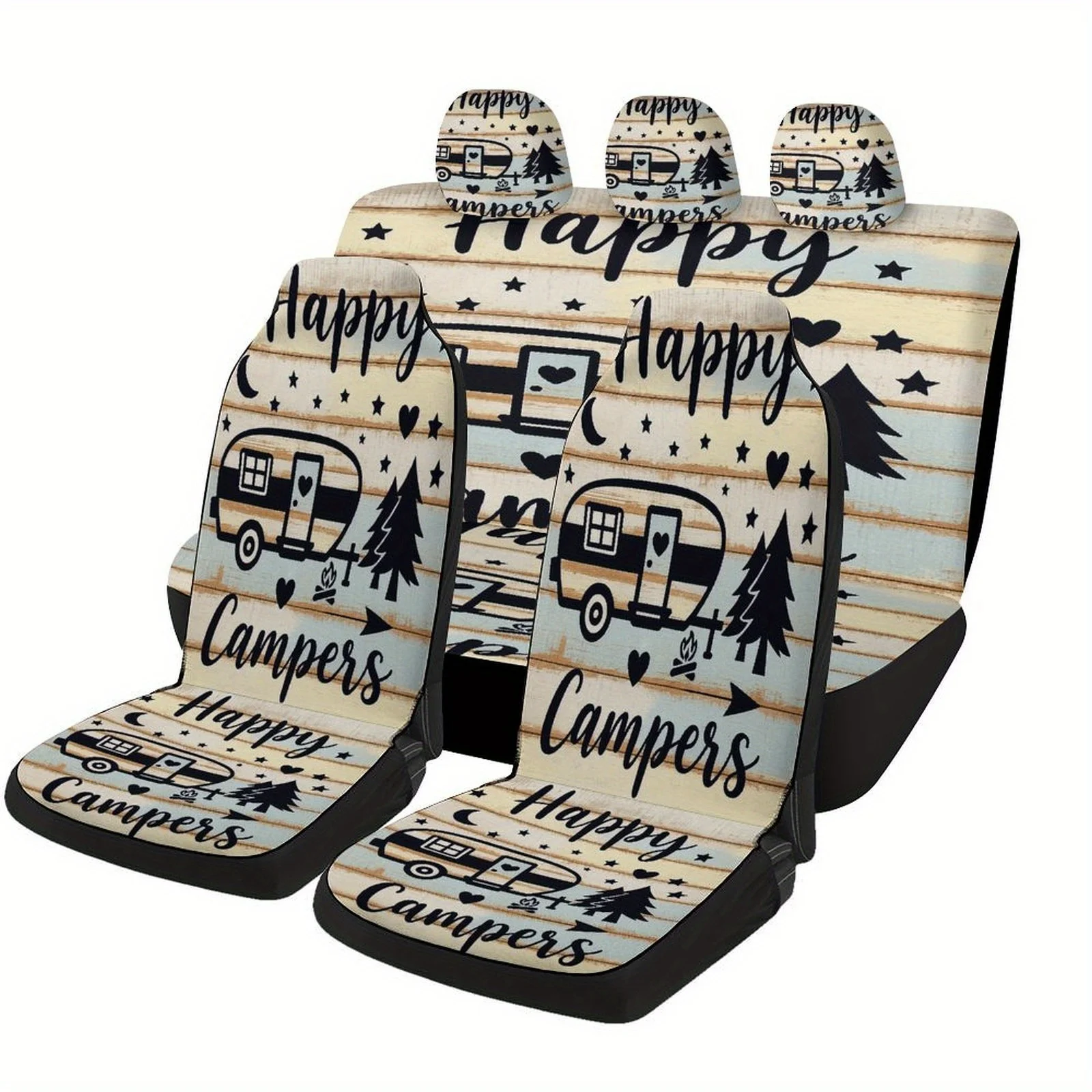 Happy Campers Sign Designed Car Seat Cover Set For Most Cars, High-quality Comfortable Car Seat Protector Covers Full Set, Unive