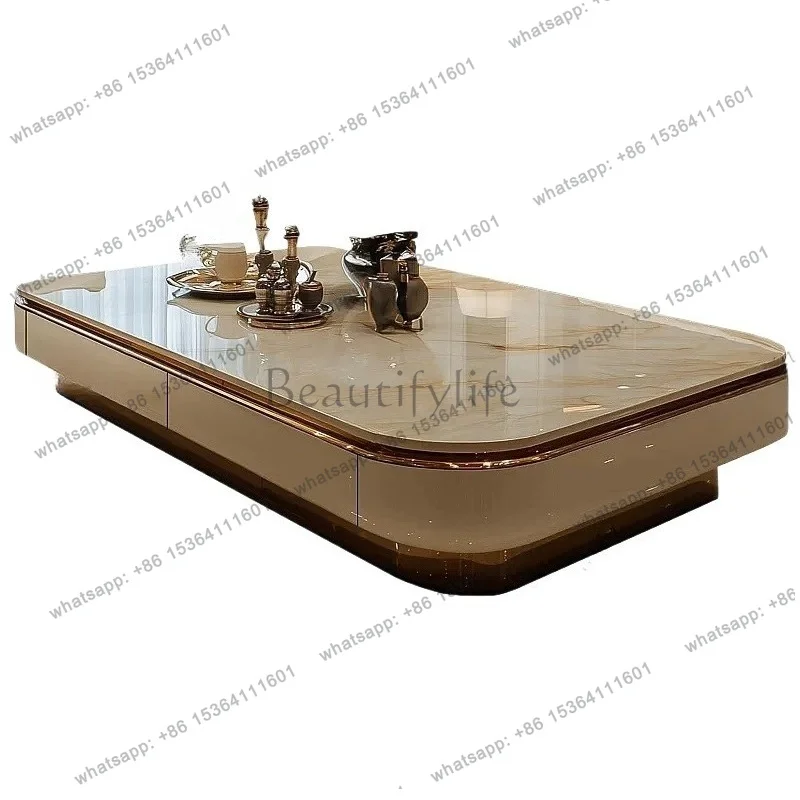 YJ Italian Light Luxury Crystal Stone Coffee Table Modern Home High-End Marble Tea Table 1.4m Solid Wood for Small Apartment