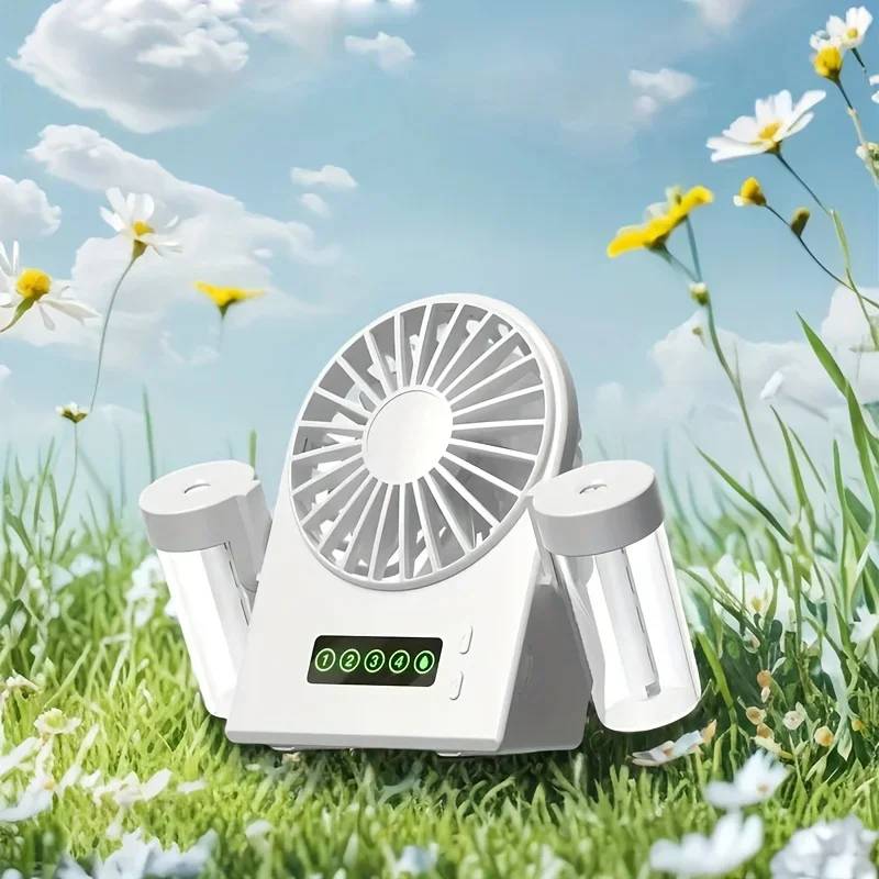 DualModeUSBChargingFan with  Battery Adjustable Speed Rotatable Head Spray Cooling Digital Display Portable for Office Dorm Home