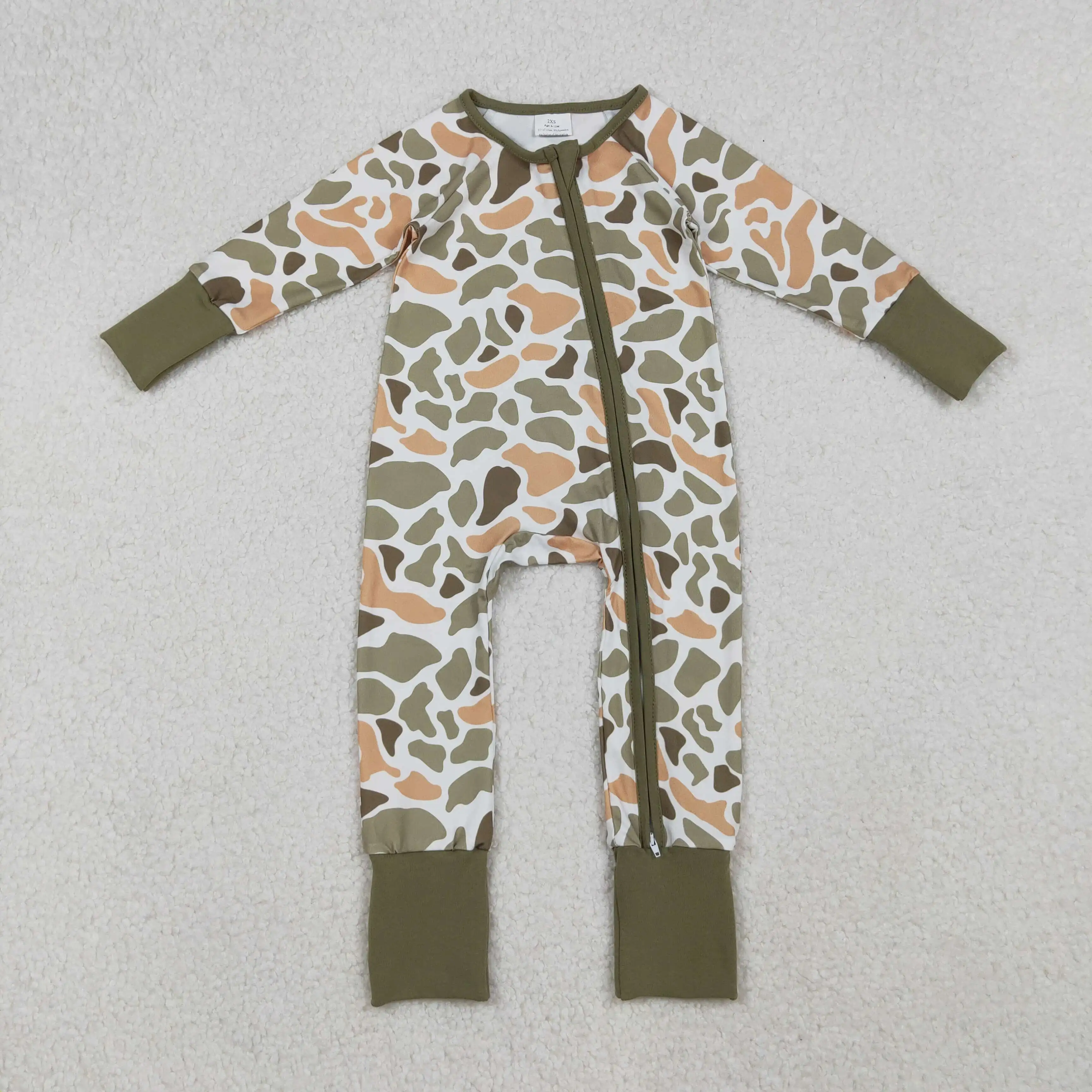 

X9.23 High Quality Long Sleeve Orange Green Camo Print Romper Western Clothes Jumpsuit Baby Girls Style Zipper Romper