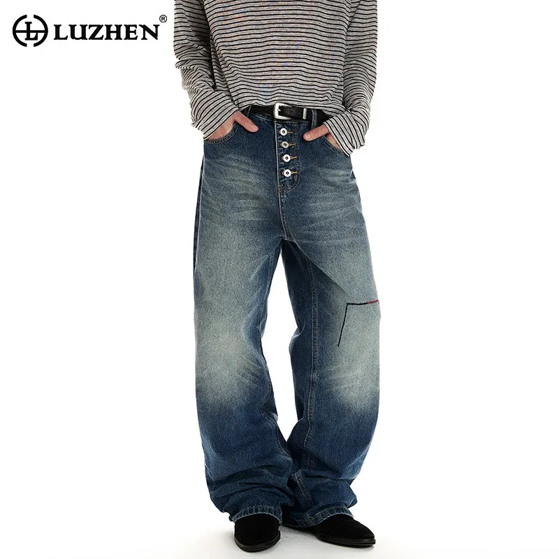 

LUZHEN 2026 New Gradient Washed Vintage Style Straight Casual Jeans Men's Fashion Original Buttoned Decorate Denim Pants JY6175