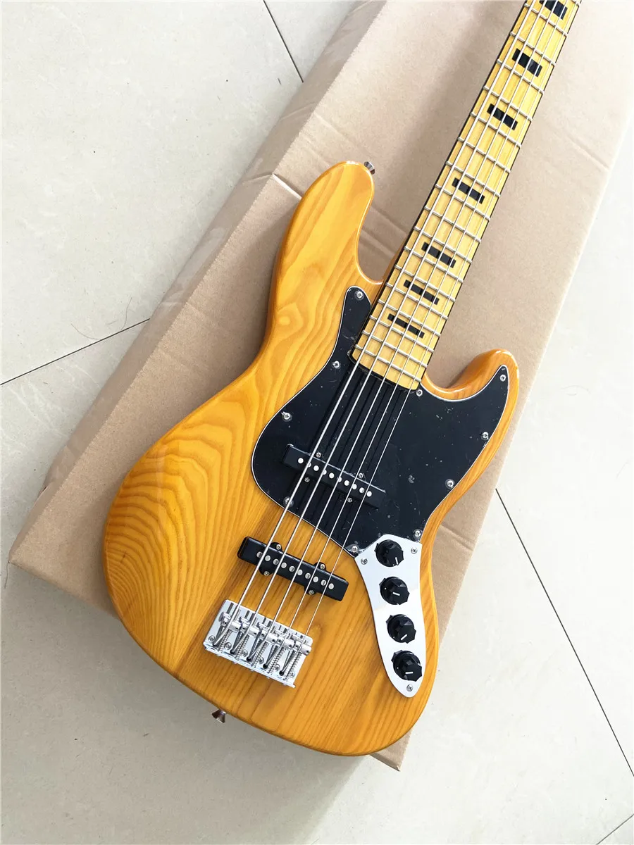 High quality custom edition 5 string electric bass light yellow wax xylophone body maple xylophone neck black guard board