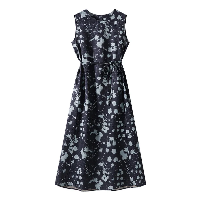 Silk Flower Print Sleeveless Slim Waist Dress 2025 Summer Mulberry Silk French Temperament Thin Floral Dress