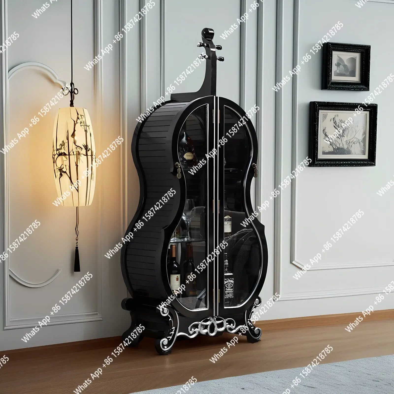 

X36 American Solid Wood Violin Wine Cabinet Living Room Floor Display Cabinet Retro Tempered Glass Door Locker Against The Wall