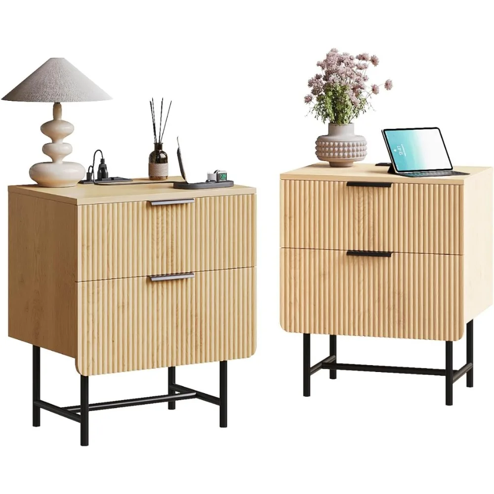 

Fluted Nightstand Set of 2 with Charging Station, 20" Modern Bedside Table with 2 Drawers for Bedroom, Mid Century Modern End Ta