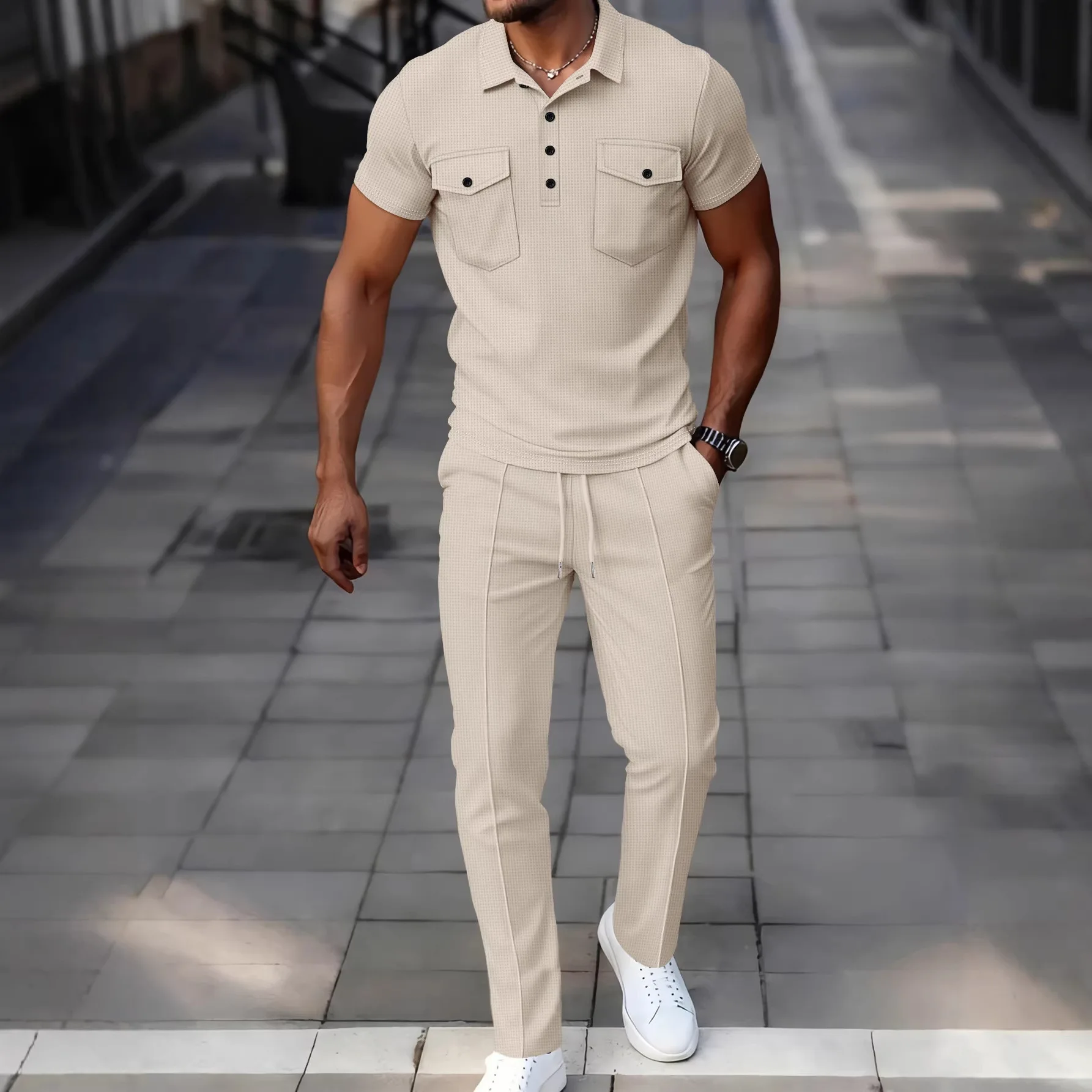 

Men's Waffle Knit Polo Tracksuit Short Sleeve Pocket Shirt & Drawstring Long Pants Casual Summer Streetwear Suit