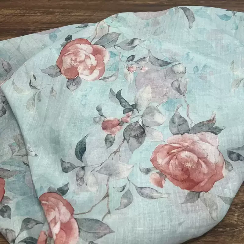 

100% ramie blue printed fabric, suitable for clothing sewing and DIY fabrics
