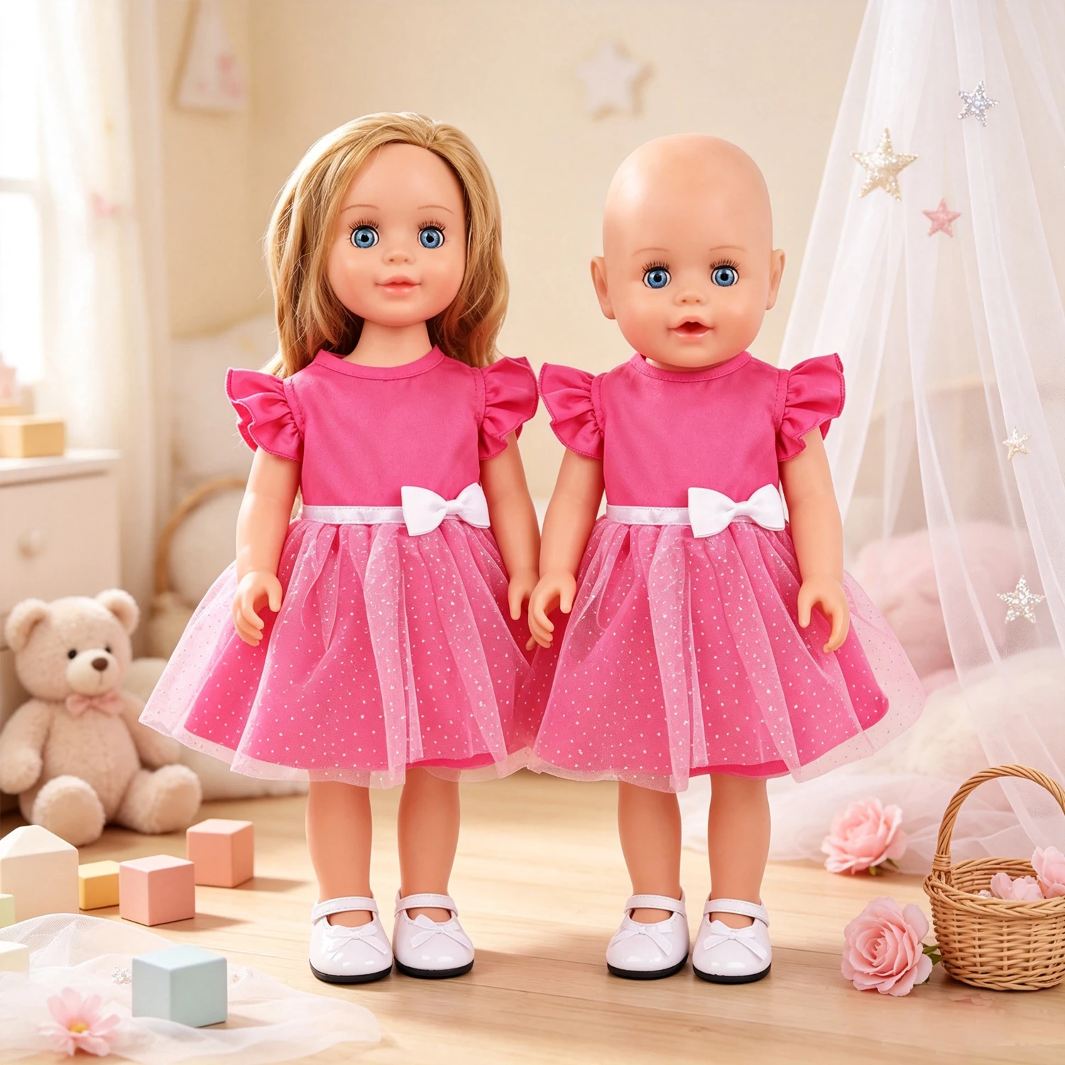 Pink Ruffle Sleeve Polka Dot Tulle Doll Dress Set White Bow Shoes Fashion Clothes for 18