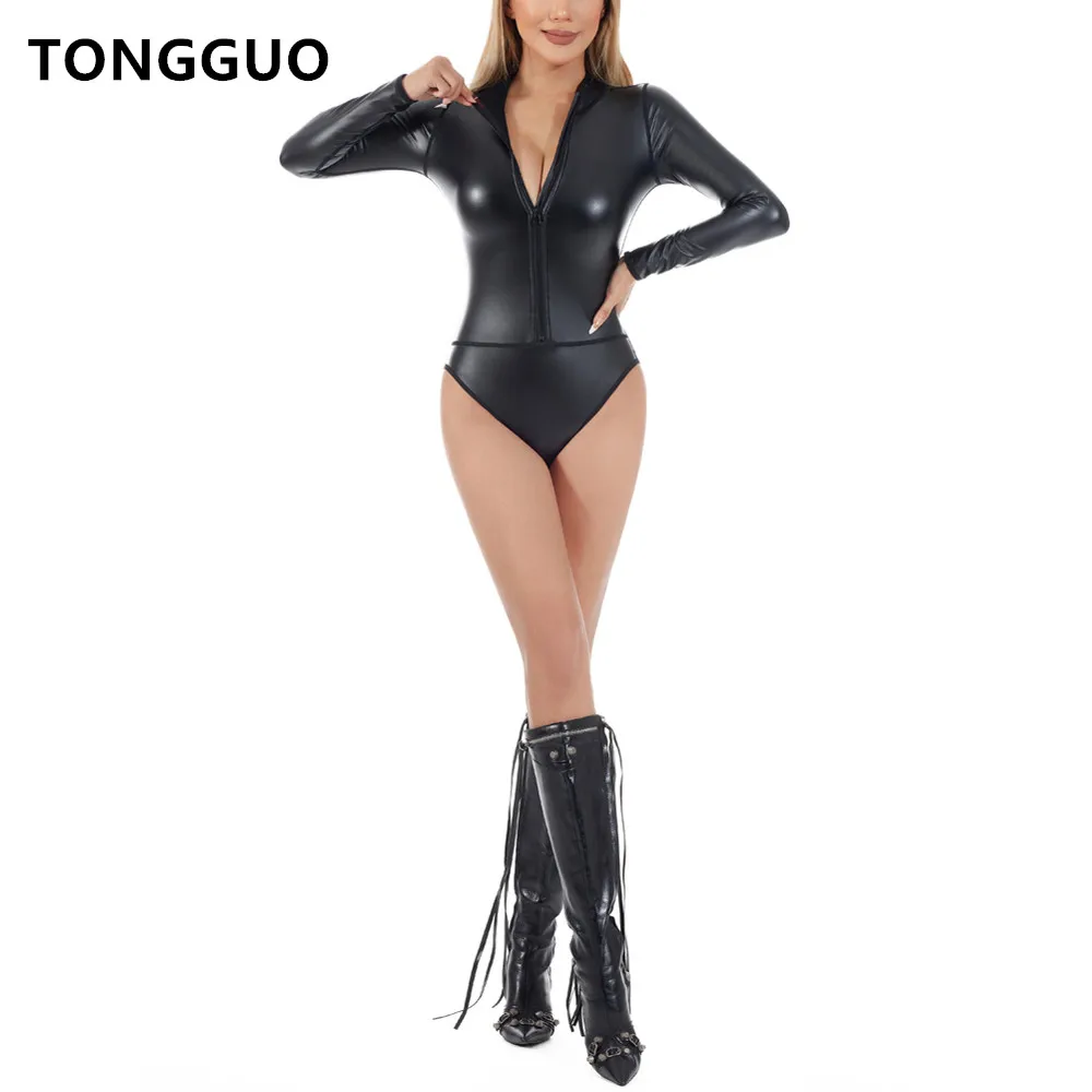 

Women Body Shaper Sexy Lingerie Front Zipper High Neck Long sleeves Faux Leather Bodysuit Stage Performance One Pieces Jumpsuits