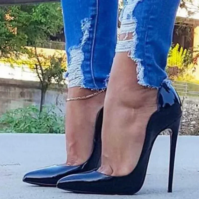 Pink Curl Upper Women Patent Pointed Toe Stiletto 11.5cm High Heels Sexy Ladies Party Dress Shoes Club Dance Pumps Plus Size