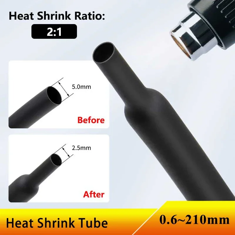 

1/3/5/15/30M 2:1 Black Heat Shrink Tube Diameter 0.6~210mm Cable Sleeving Wrap Wire Sheath Case Protection Heatshrink Tubing