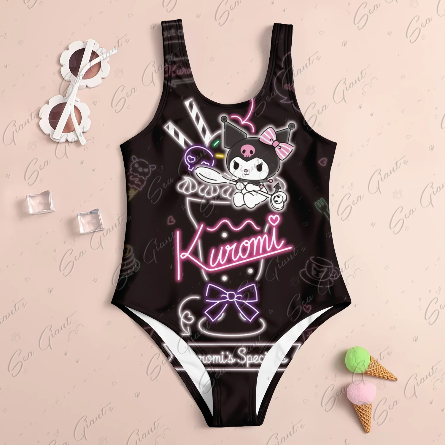 MINISO Cute Kuromi Print New Girl Summer One-Piece Swimsuit Fashion Cartoon Women Kids Swimwear Sleeveless Swim Clothing