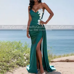 Emerald Green Long Bridesmaid Dresses Mermaid High Slit Waistline Cap Customized Appliques Sheath Party Dress Floor Length