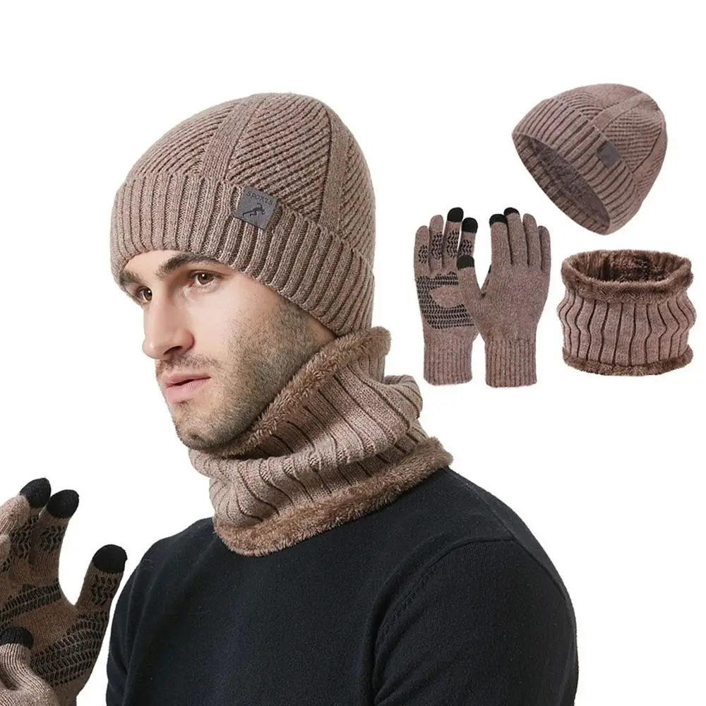 3Pcs/Set Warm Winter Hat Scarf Gloves Set Lining Thicken Knit Beanie Snood Set Soft Non Slip Scarf Neck Warmer Suit for Men