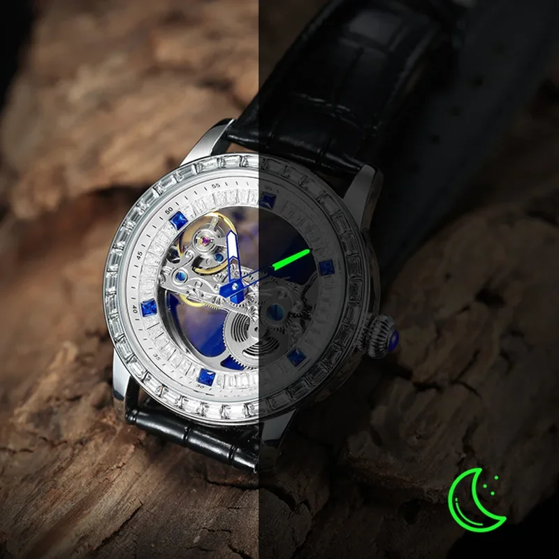 Original Luxury Brands Sapphire Diamond Man Watch Automatic Movement Hollow Skeleton Mechanical Clock Elegant Male Wrist Watches