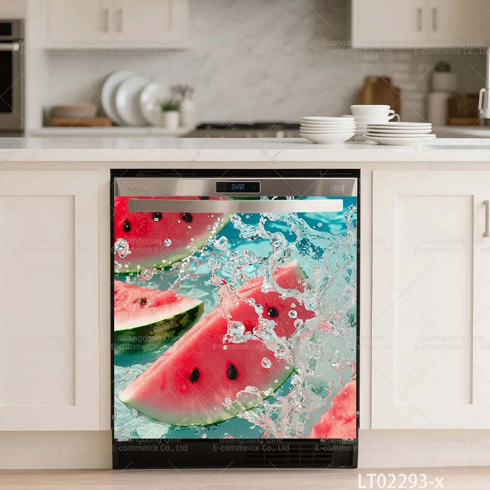 Juicy Watermelon Vinyl Stickers - Summer Refreshing Dishwasher Decals, Cute Fruit Pattern Self-Adhesive Cabinet Door Decoration