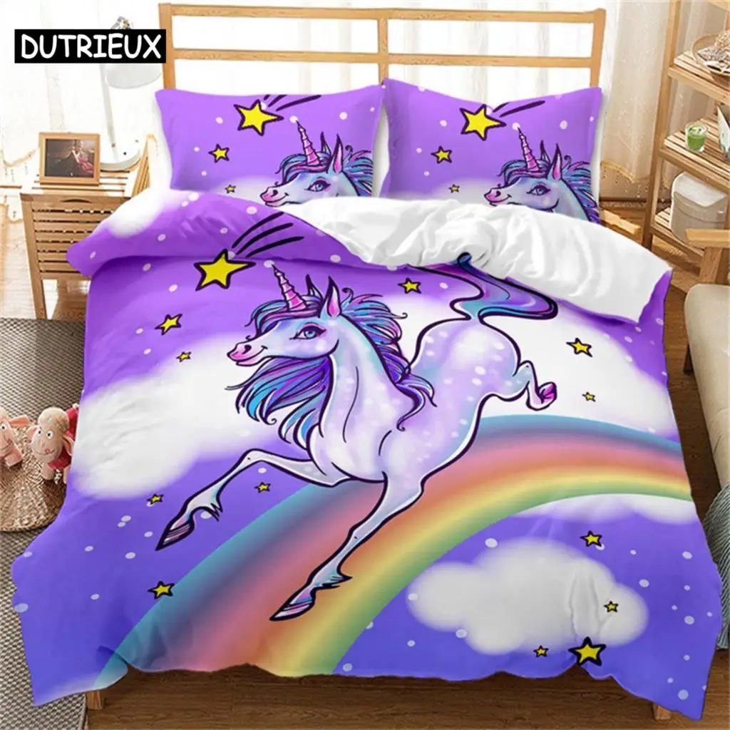 

Colorful Luminous Unicorn Print Bedding Set 3D Cartoon Animal Pattern Duvet Cover Bedroom Decor With Pillowcases For Girls Gift