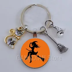 DIY Halloween Keyring Witchy Witchcraft hat Keychain Cat Key Chains Gothic Broomstick Charms Gift For Witch Lover Jewlery