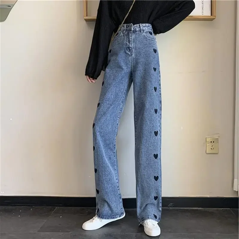 

High Waist Shot with Hearts Womens Jeans Black Trousers Embroidered Pants for Women Pockets Blue Straight Leg Harajuku Fashion Z