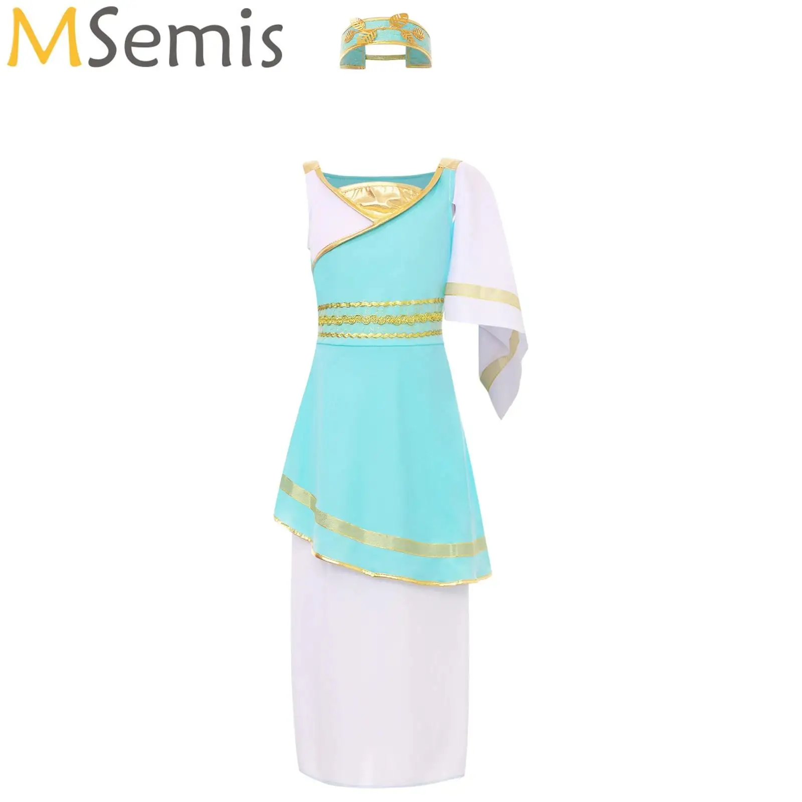 Kids Ancient Greek Princess Costume Queen Cosplay Girls Roman Grecian Toga Dress with Headband Purim Halloween Book Week Party