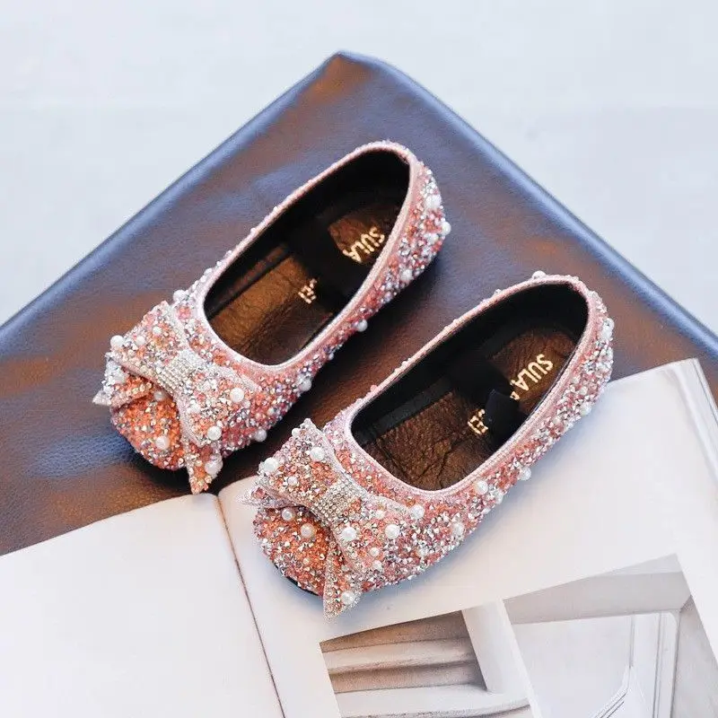 Girls Leather Footwear Bow Rhinestone Princess Style Soft Sole Dance Shoes for Kids New Arrival Spring Autumn Korean Fashion