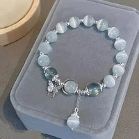 Dainty Blue Cats Eye Beaded Bracelet, Cute Butterfly Charm Elastic Hand Chain, Moonlight Opalite Stone Jewelry, Graduation Birthday Gift for Best Friend Teen - Image 2