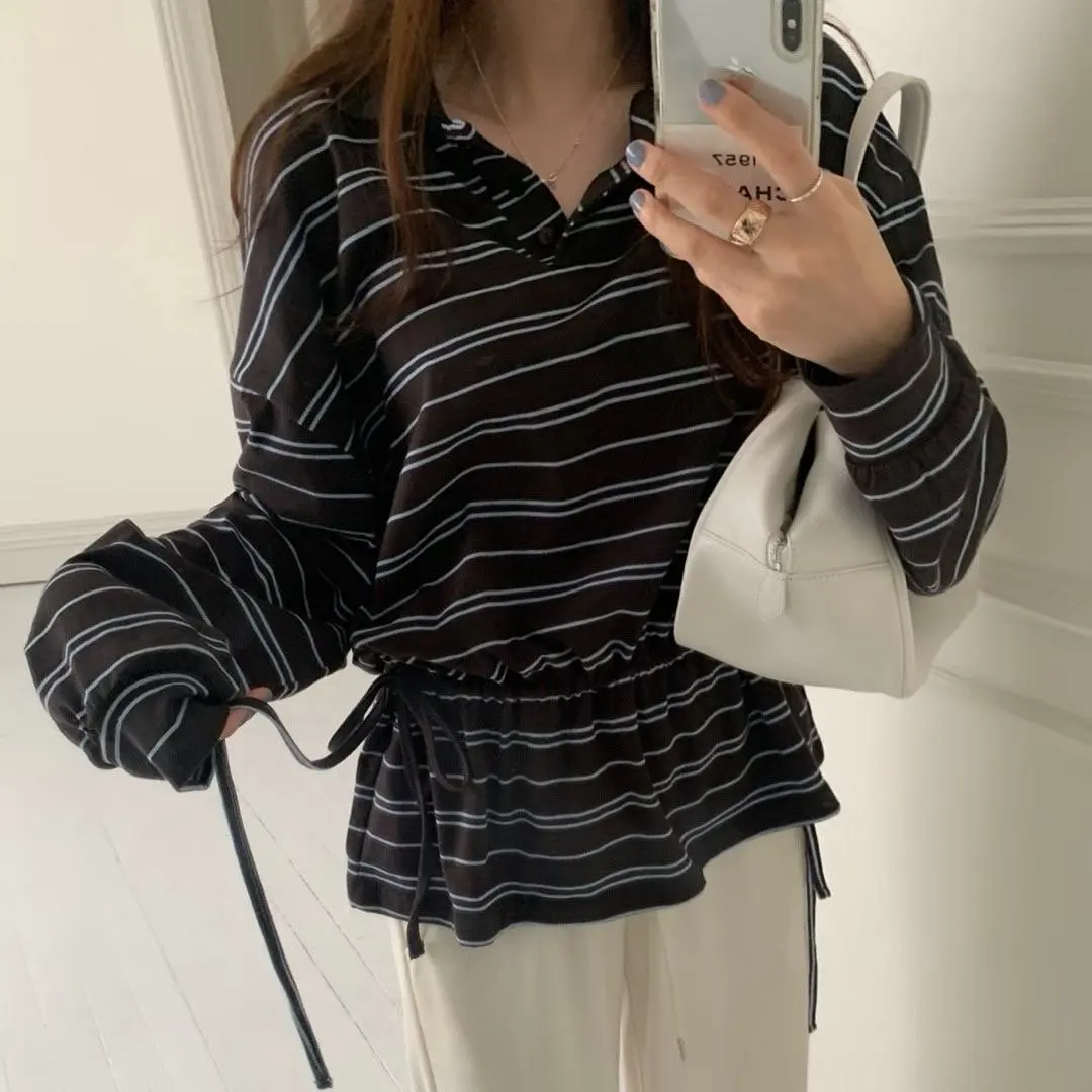 

Женская футболка East Gate Early Autumn Lazy Casual Faion с полосатым дизайном и поясом на талии, свободного кроя, с обычным рукавом