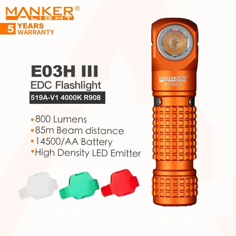 Manker E03H III 800 Lumens, Cauda Magnética, Lanterna/Faro Portátil Recarregável, 519A-V1 4000K Alto CRI R9080, Liga de alumínio