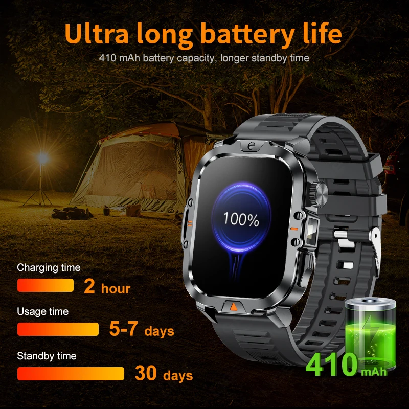 2.01-inch HD Screen Men Smart Watch with Flashlight Outdoor Sports Men\'s Watch IP68 Waterproof Health Monitoring Call Smartwatch