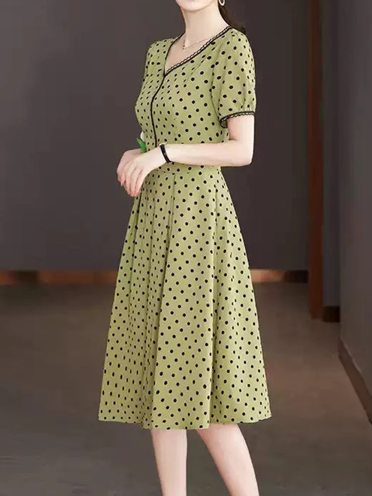 Robe mi-longue élégante pour femmes, tenue de bureau à pois, manches courtes, col en v, manches courtes, classique, assortie avec tout, nouvelle collection été