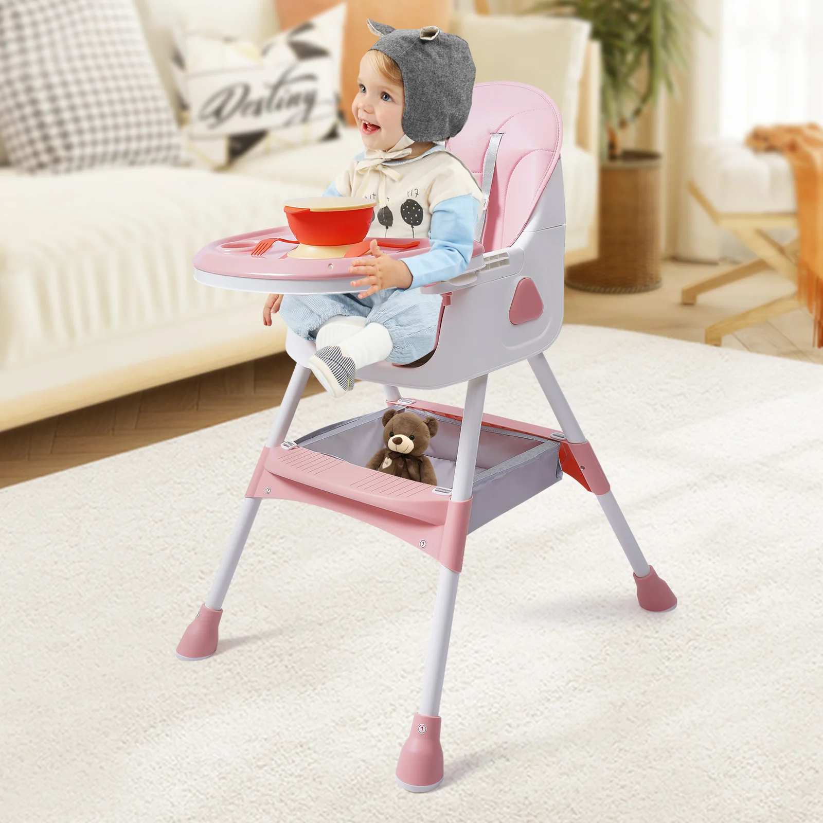 Chaise haute pliable 2 en 1 pour repas et divertissement, hauteur réglable avec 1 ensemble de couverts PP de qualité alimentaire de 6 mois à 6 ans