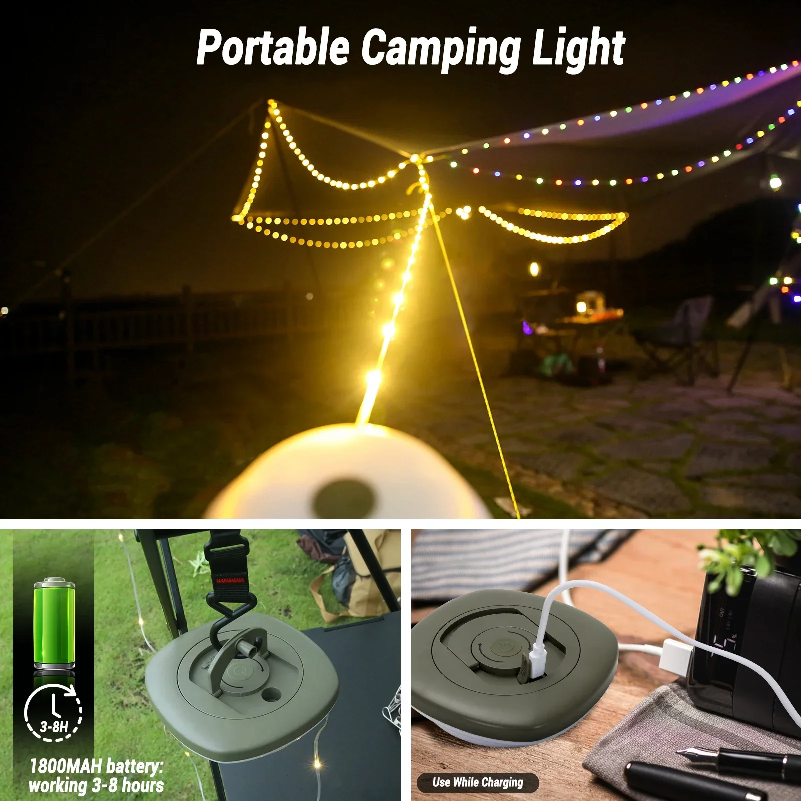 Tira de lámpara LED para acampada, cinturón de luces reciclables de 10M de longitud, impermeable, decoración de acampada y jardín al aire libre, linterna para tienda de campaña