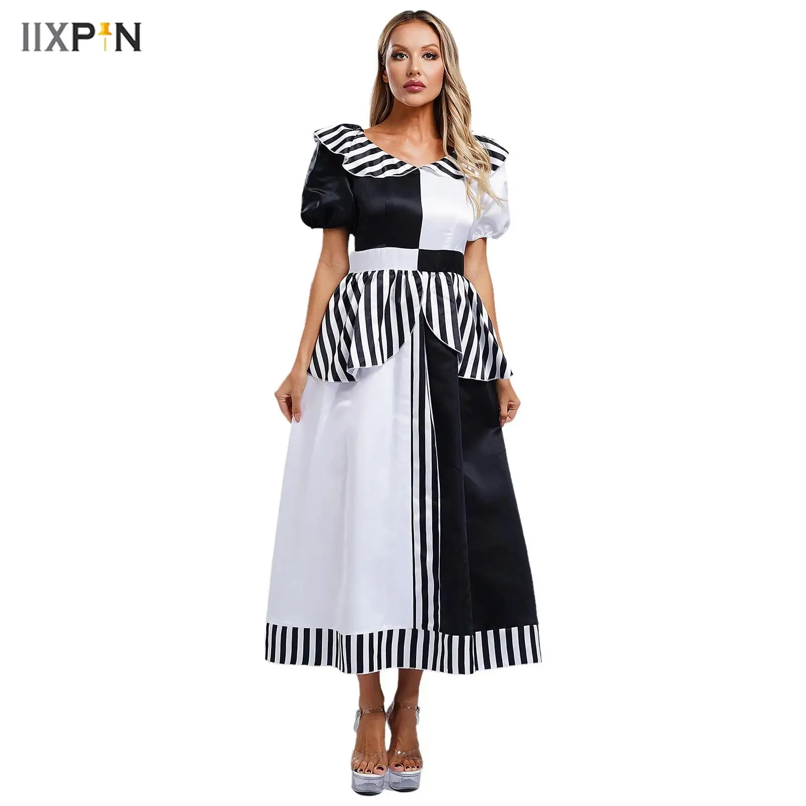 

Women Clown Dress Halloween Killer Cosplay Costume Short Sleeve Patchwork Dress for Masquerade Role Play Party Stage Performance
