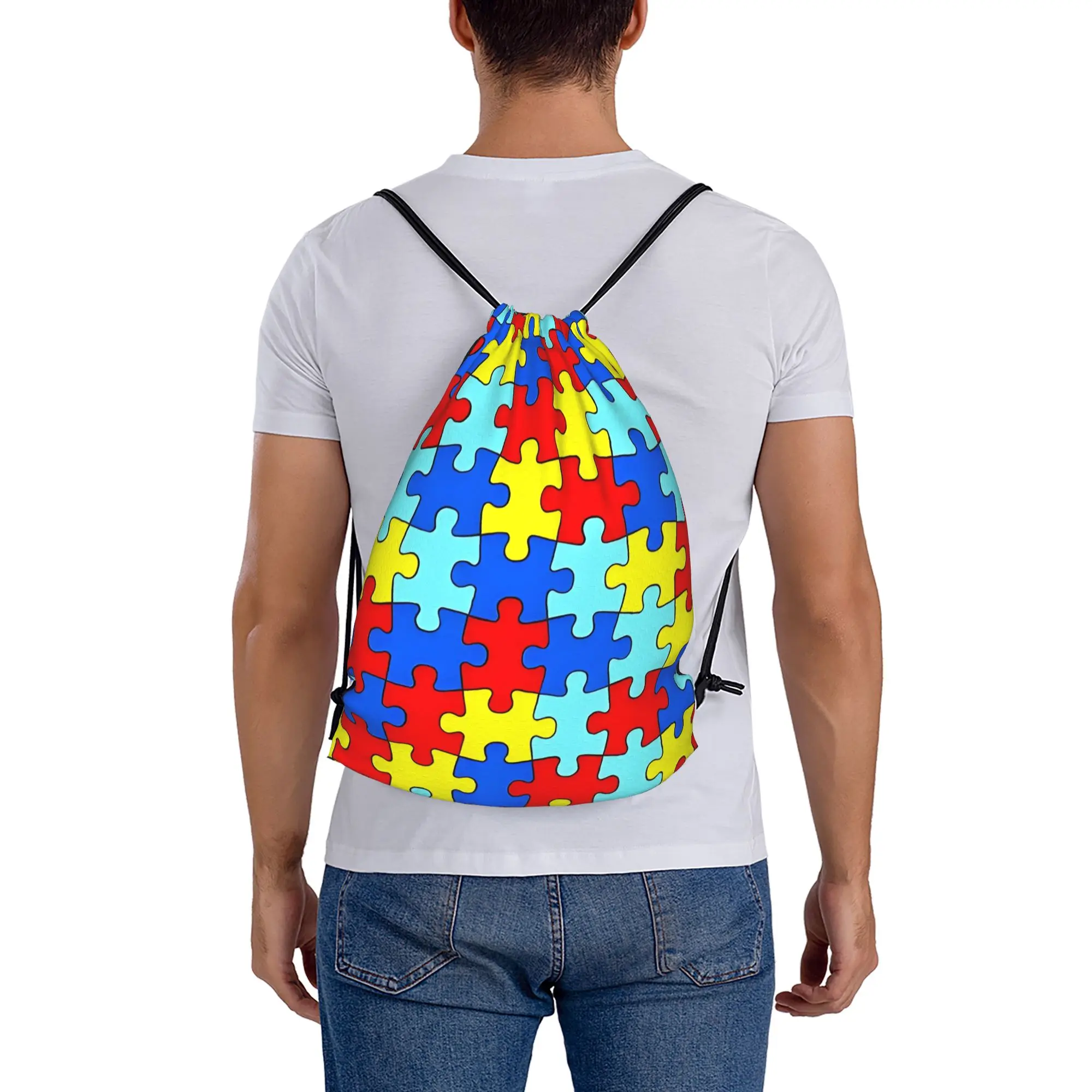 Autism Puzzle Pieces  Drawstring Bags Hiking Unisex Storage Organize Bundle Pocket Rope Bag