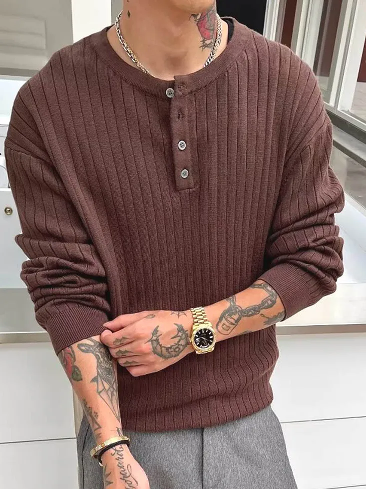 

Свободный вязаный шерстяной свитшот с длинными рукавами в американском ретро-стиле на пуговицах, молодежный повседневный модный топ Хенли