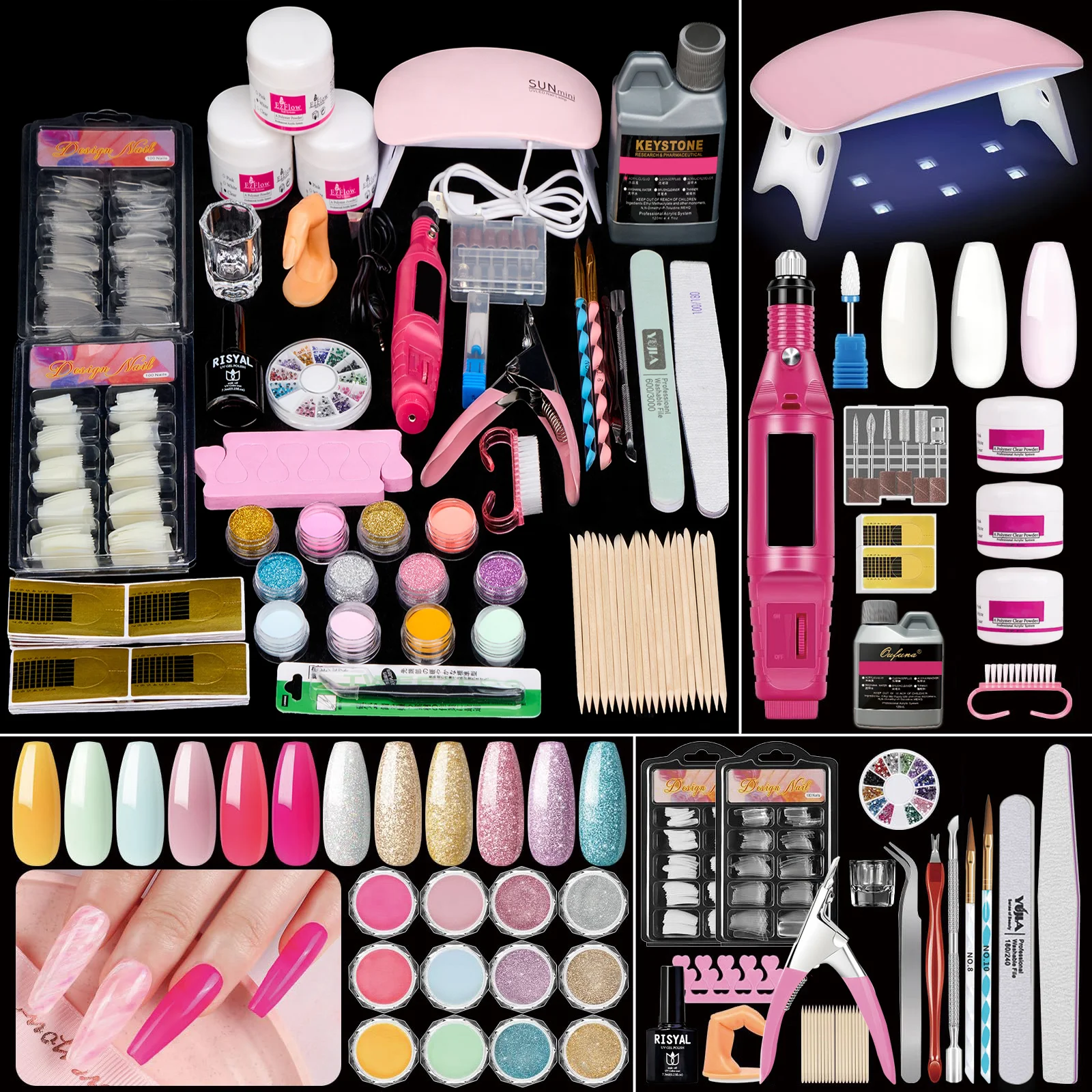 

Acrylic Nail Kit for Beginners Professional Nails Kit with Drill and U V Light Glitter Powder Decorations Rhinstones DIY Gifts