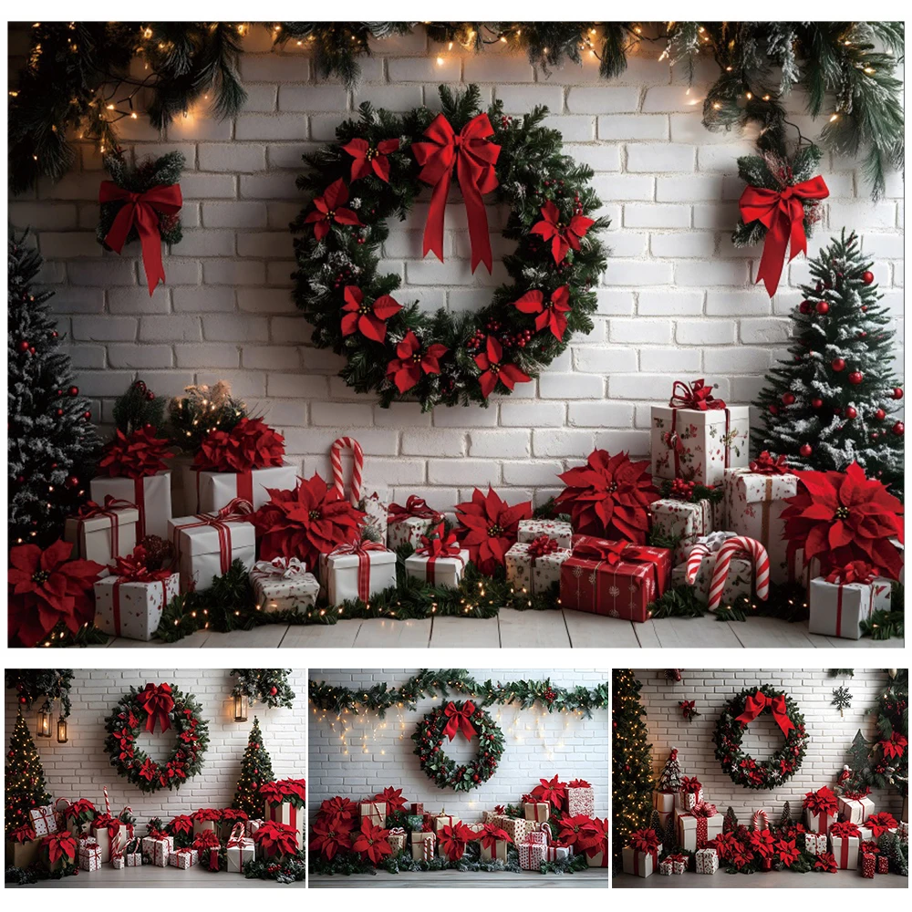 Winter Christmas Backdrop White Brick Wall Xmas Tree Wreath Gift Christmas Home Decoration Family Party Photography Background