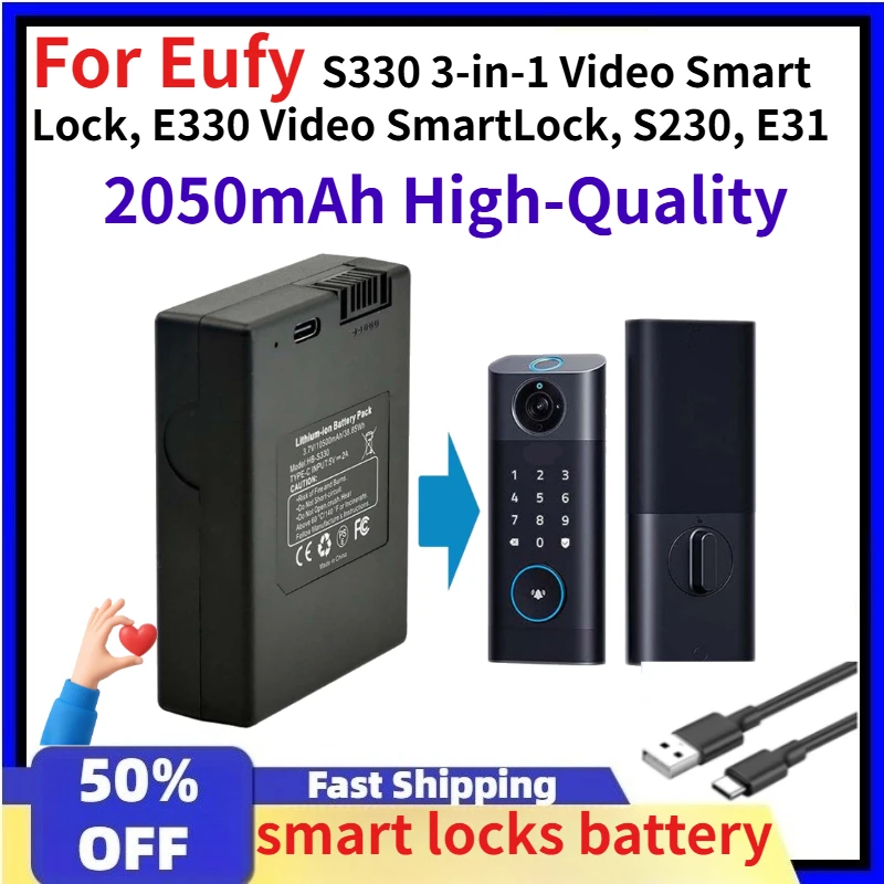 

For Eufy 2050mAh High-Quality Rechargeable Battery for Eufy S330 3-in-1 Video Smart Lock, E330 Video SmartLock, S230, E31