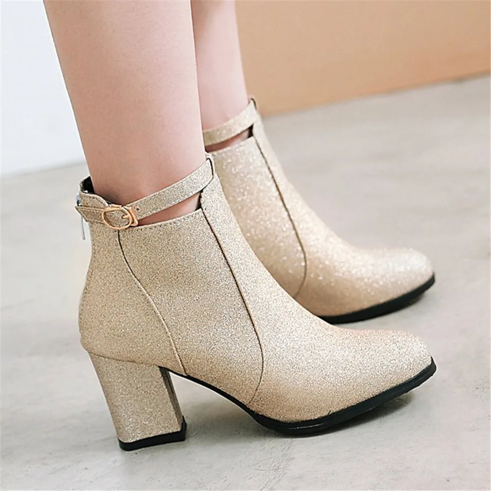 New 2023 Autumn Winter New Woman High heels Ankle Booties Women Boots Sequined Cloth Dress Shoes Goth Boots Purple Black Gold