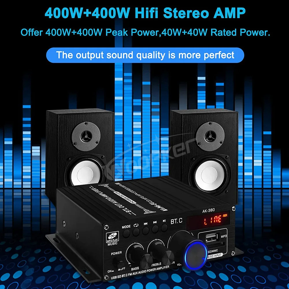 Woopker Sound Amplifier Channel 2.0 HIFI Bluetooth Amp Home Digital Audio 12V3A AK380 AK370 AK280 AK270 AK170 for Car Bass Trebl