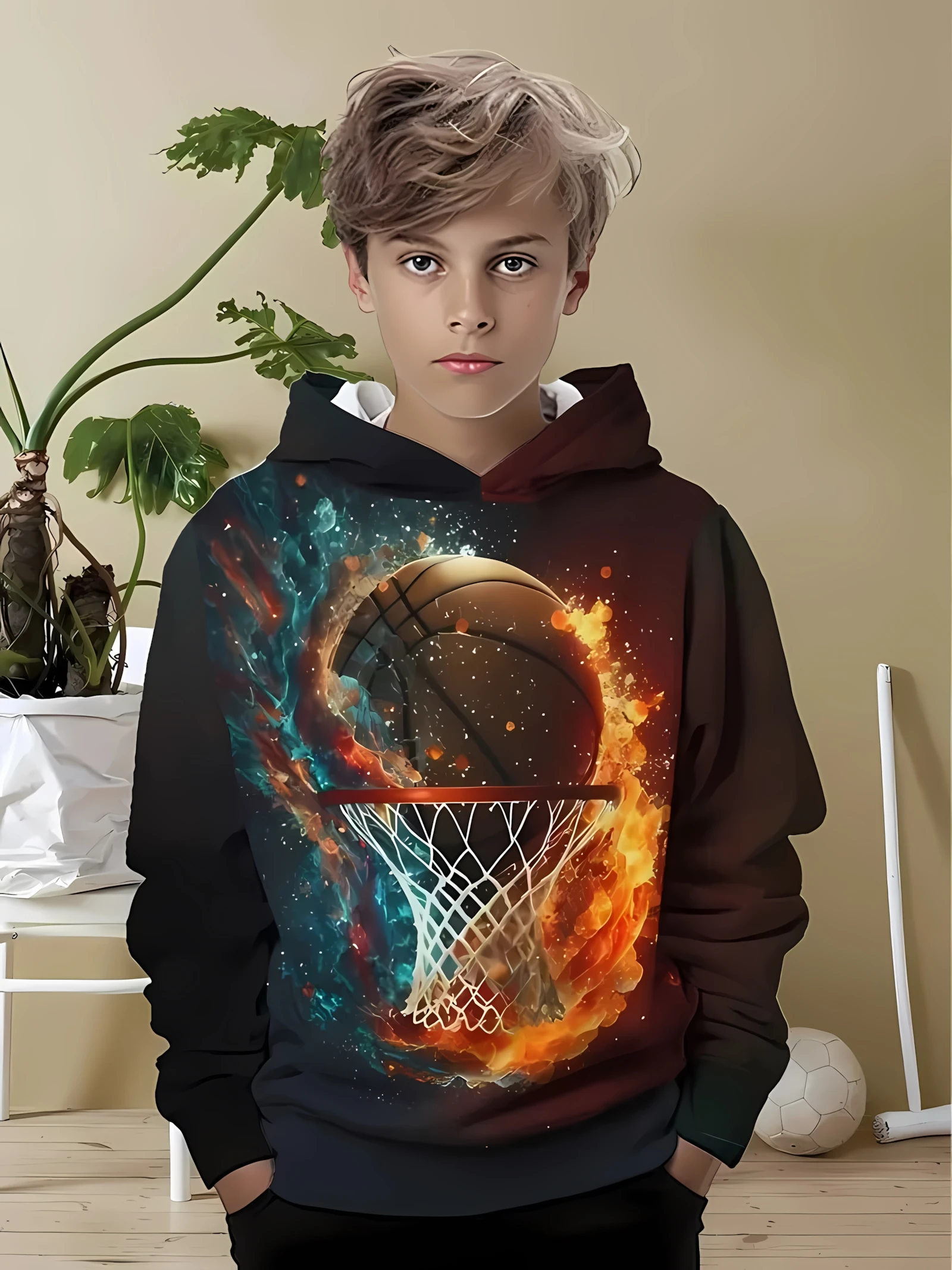 

The 2025 autumn new children's casual sports hoodie with 3D basketball pattern printed fashionable outdoor pullover