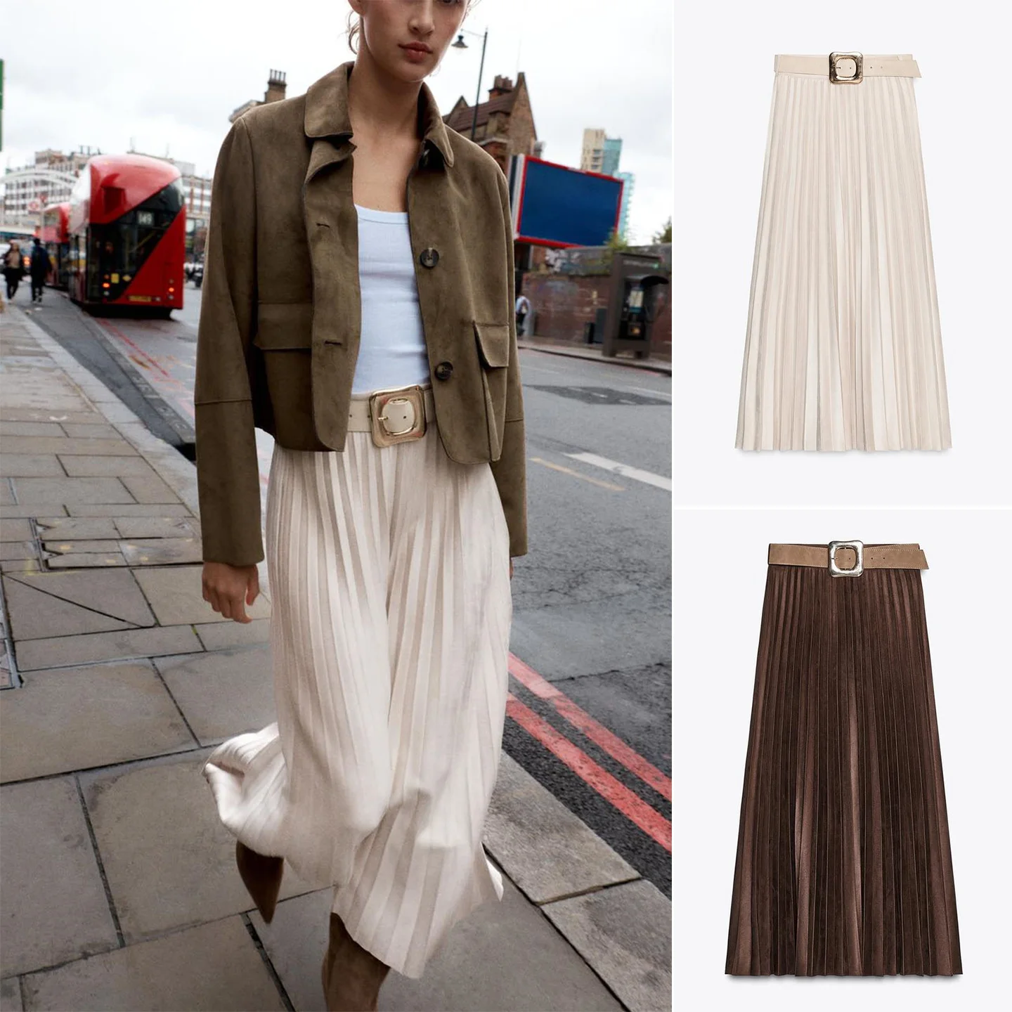 

Autumn New Arrival Women's Velvet Effect Pleated Midi Skirt f Body Belted Casual Polyester Fiber Loose Fit Sle