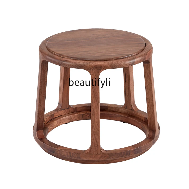 New Chinese Style Drum Stool Nordic Black Walnut round Solid Wood Tea Stool Fashion Dressing Log Low Stool