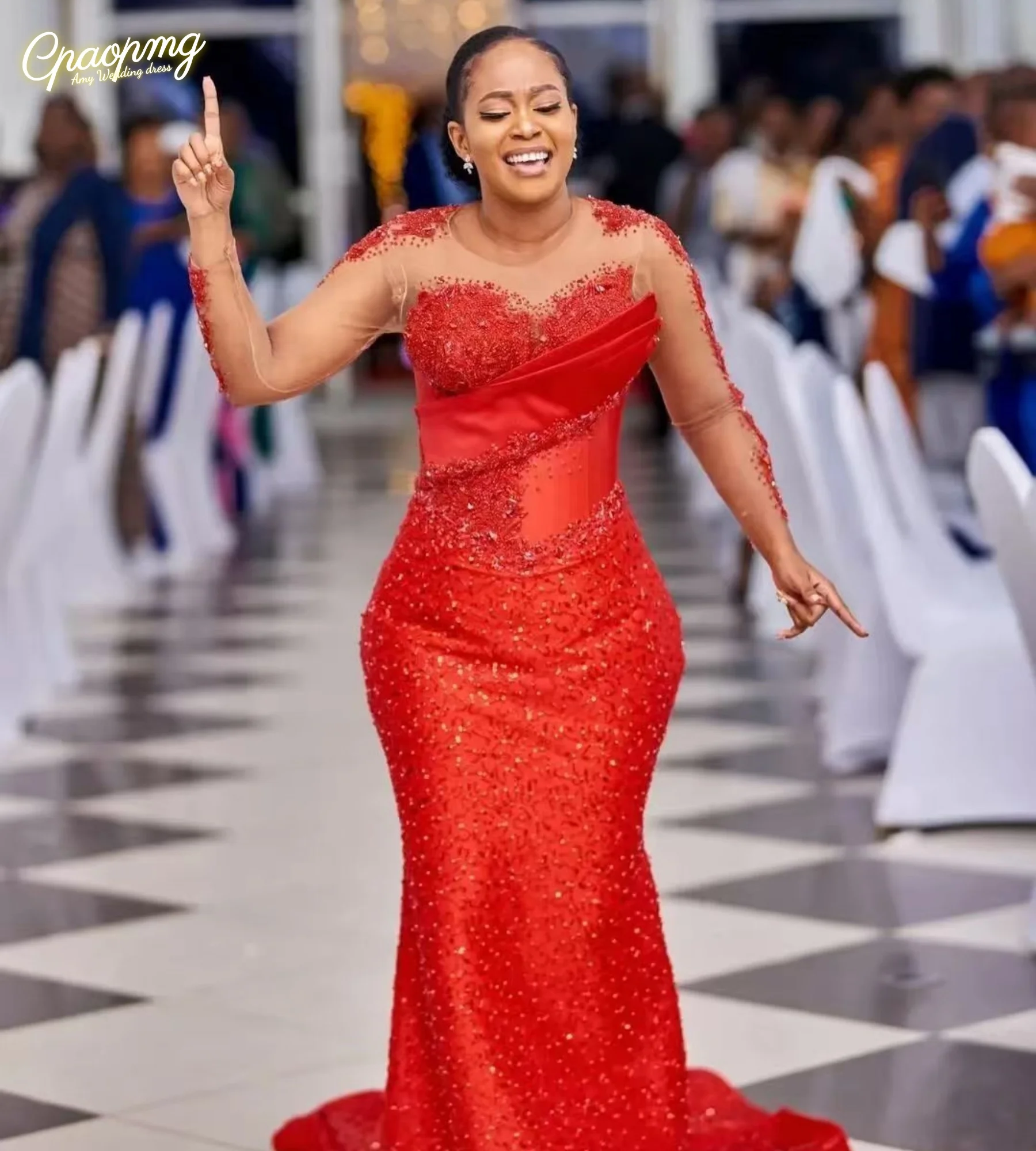 

Великолепное африканское красное платье для выпускного вечера по индивидуальному заказу, свадебное платье, прозрачное кружевное платье с длинными рукавами и бисером, вечерние платья