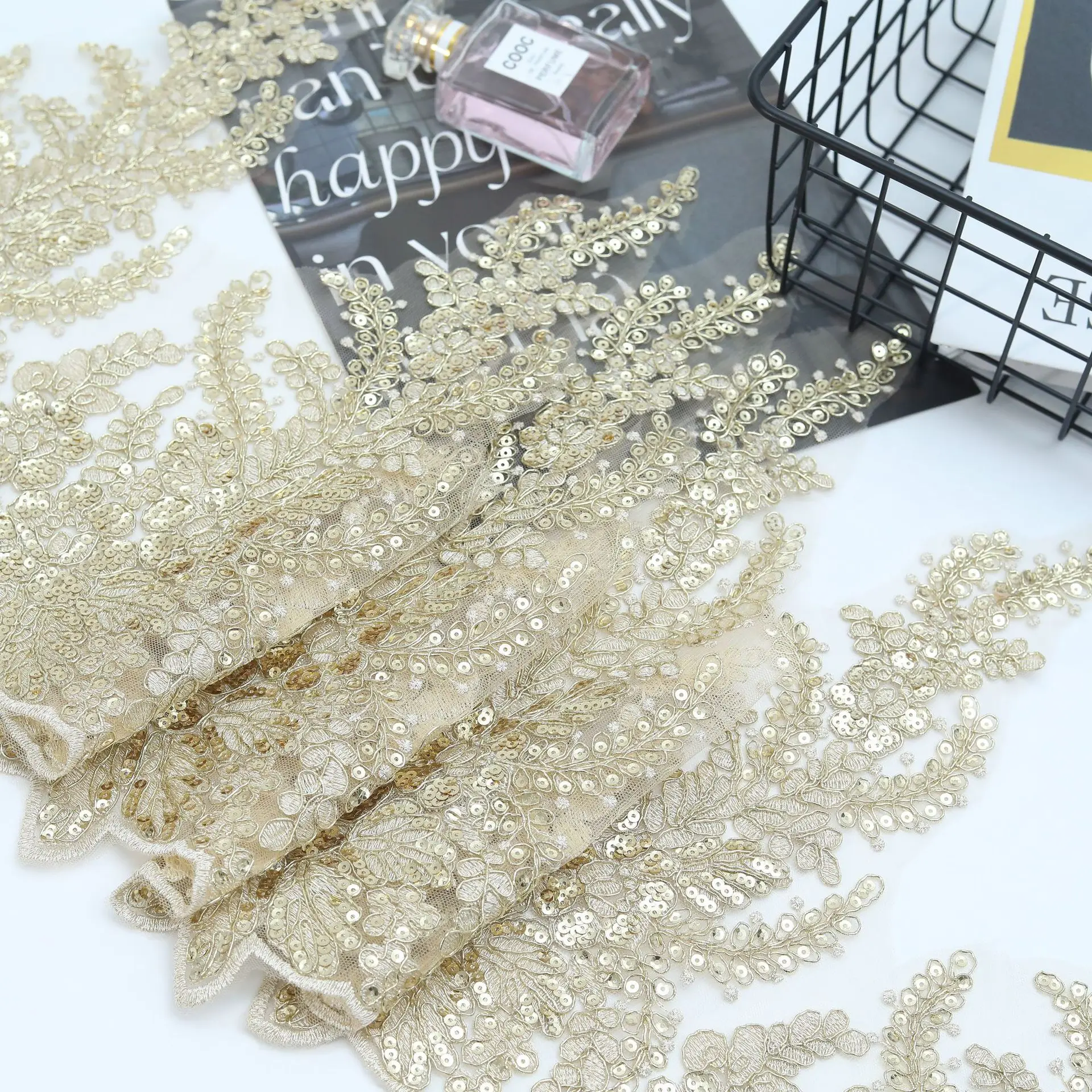 Delicate 1Yard Gold Sequin Cording Fabric Flower Venise Venice Mesh Lace Trim Applique Sewing Craft for Wedding Dec. 36cm wide