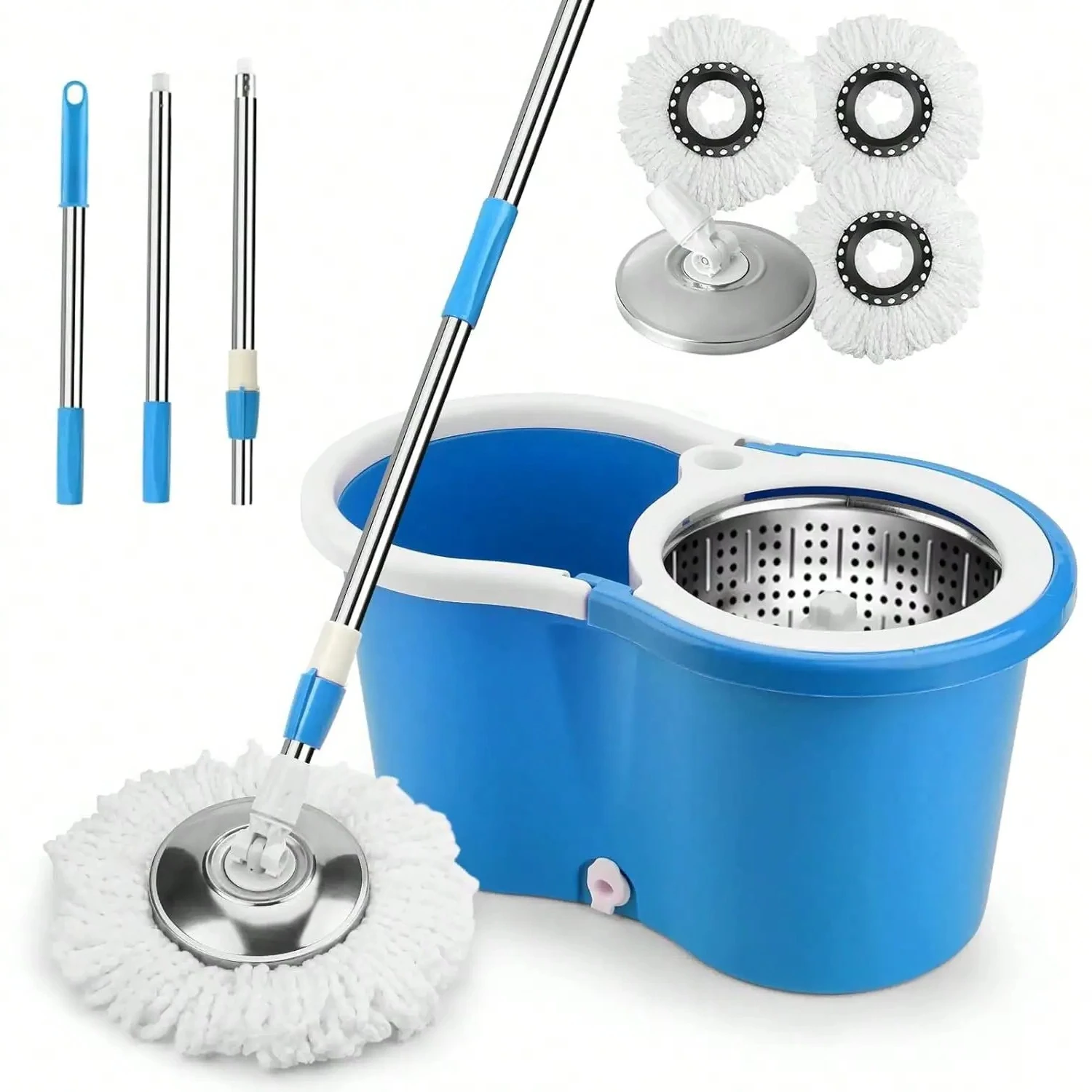 

360° Spin Mop and Bucket with Wringer Set, Stainless Steel Floor Cleaning System with 3 Microfiber Refills for Home & Kitchen